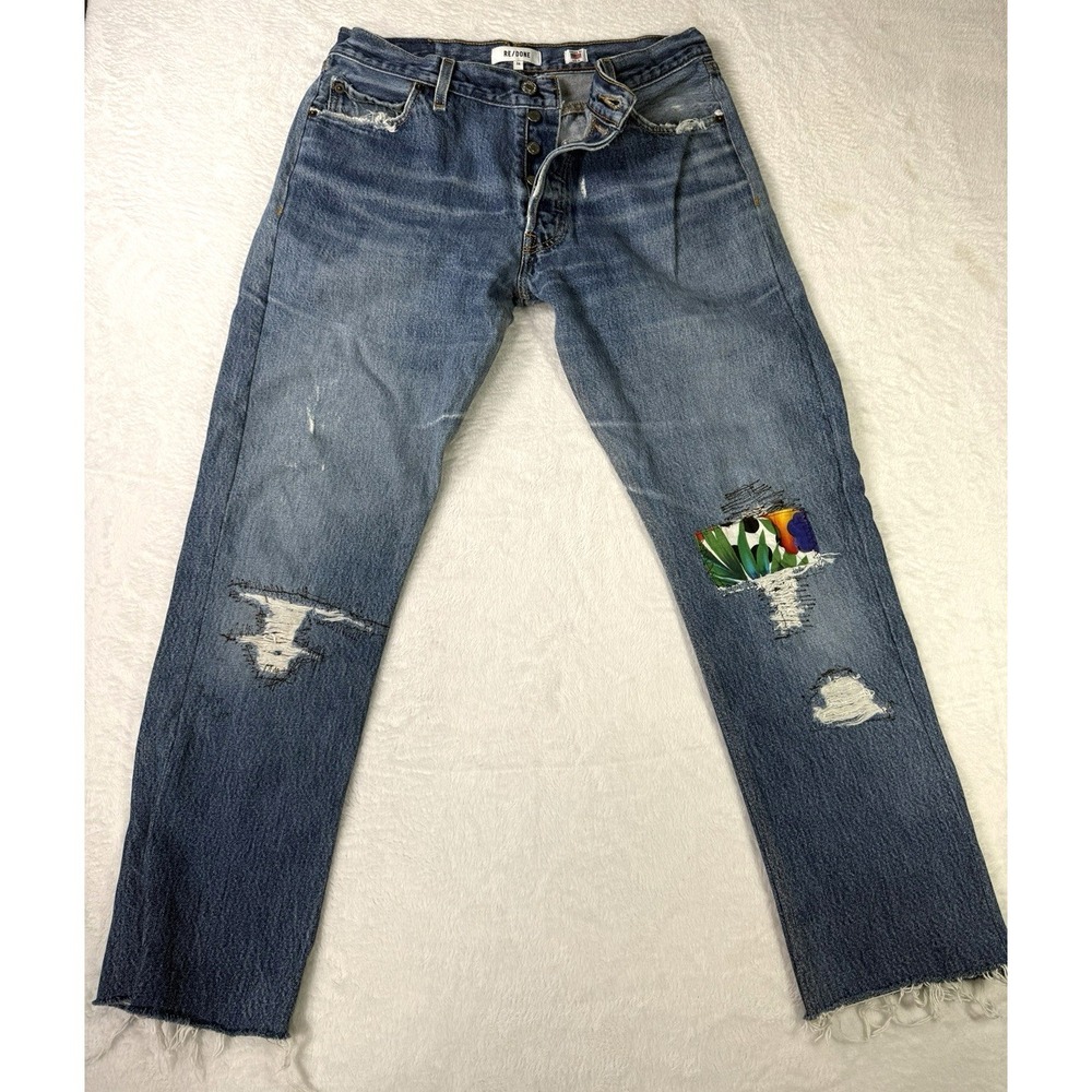 Re/Done Levi's Jeans Women's 28 Blue Denim Patchwork Button Fly Frayed Hems